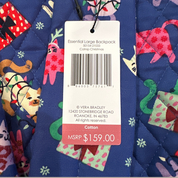 New Vera Bradley Catnip Christmas Essential Large Backpack Quilted Cotton Blue - Picture 7 of 7